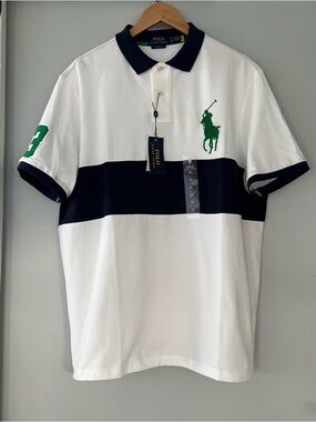NWT Polo by Ralph Lauren White Navy Stripe Polo with Big Green Pony